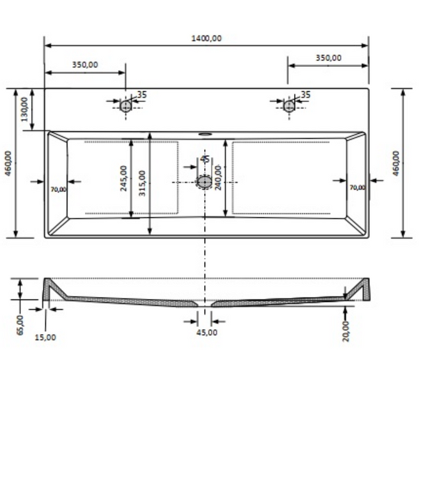 Gliss Design Lako wastafel solid marble - 140 cm - Lei grijs - 2 kraangaten