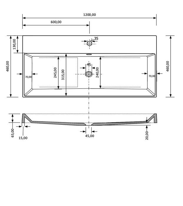 Gliss Design Lako wastafel solid marble - 120 cm - Lei grijs - Zonder kraangat