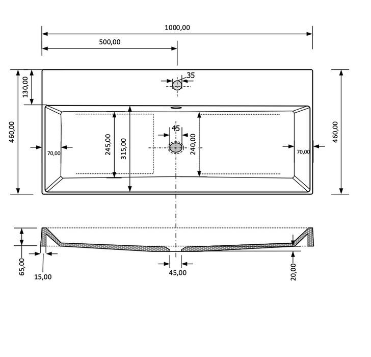 Gliss Design Lako wastafel solid marble - 100 cm - Lei grijs - 2 kraangaten
