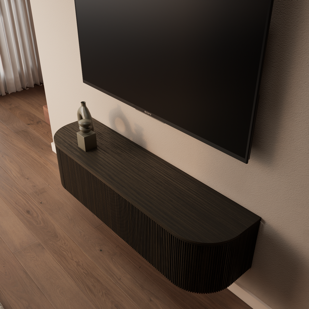 Monaco tv-meubel halfrond 140 cm Donker Warm Eiken – detail bovenaanzicht dicht