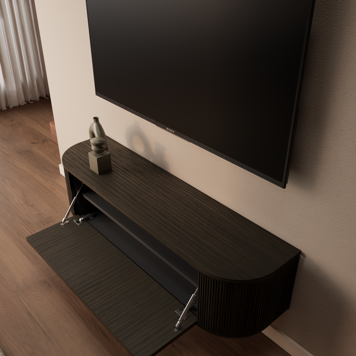 Monaco tv-meubel halfrond 140 cm Donker Warm Eiken – detail bovenaanzicht open