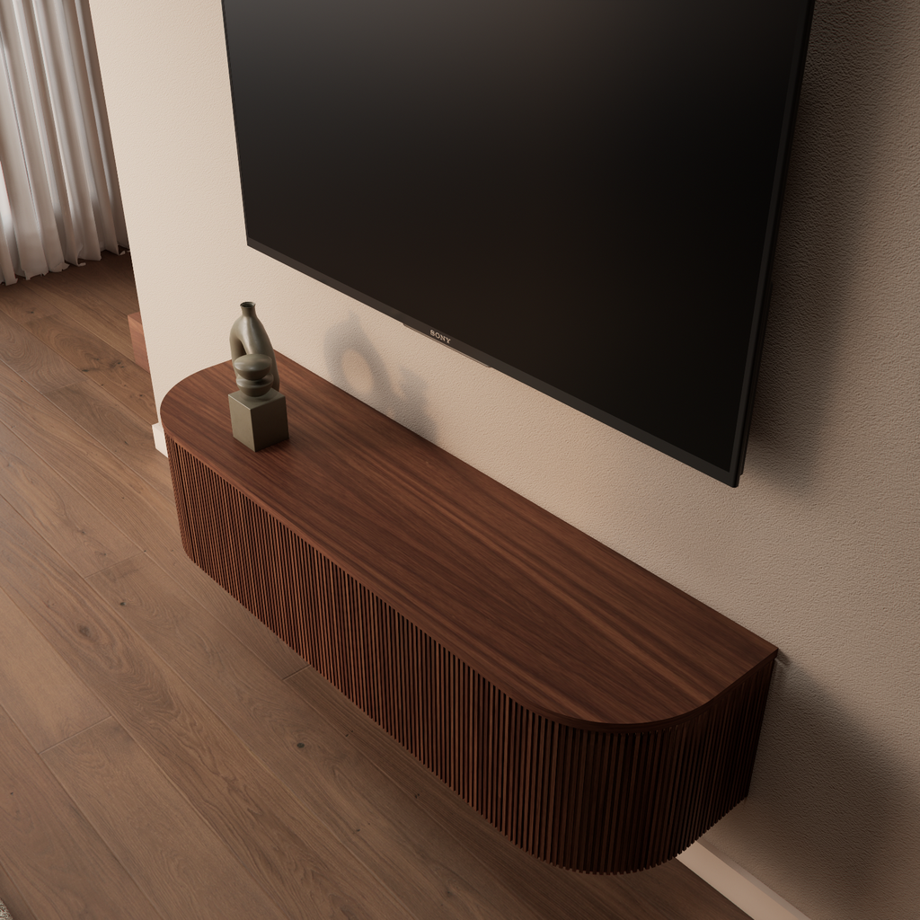 Monaco tv-meubel halfrond 140 cm Walnoot – detail bovenaanzicht dicht