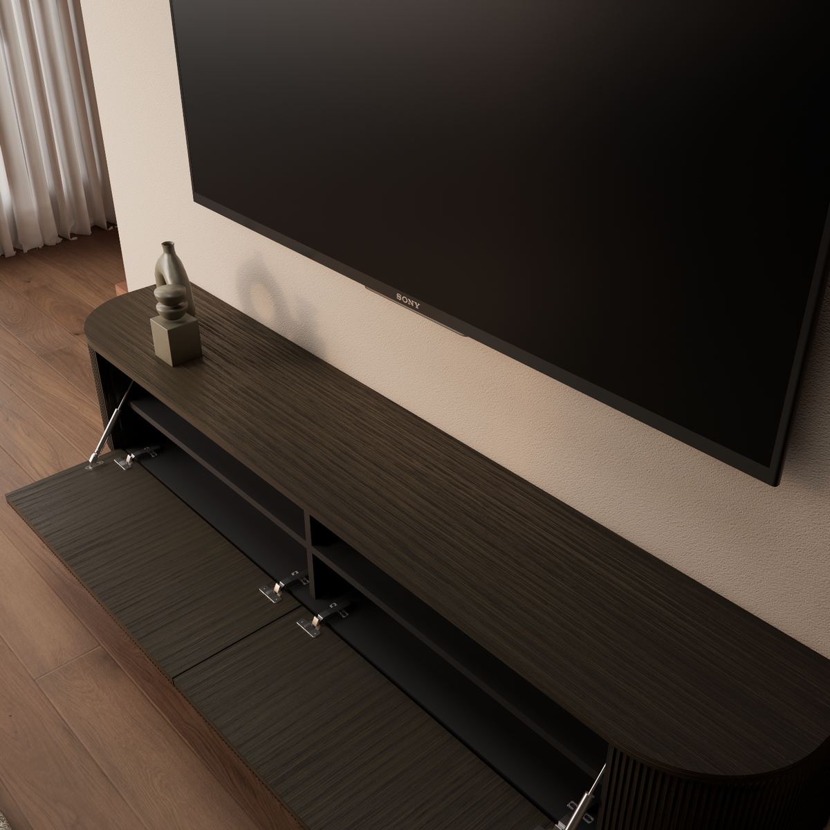 Monaco tv-meubel halfrond 200 cm Donker Warm Eiken – detail bovenaanzicht open